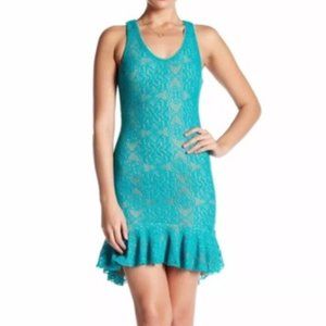 Dress the Population Wendy Sleeveless Turquoise Lace Dress with Ruffled Hem